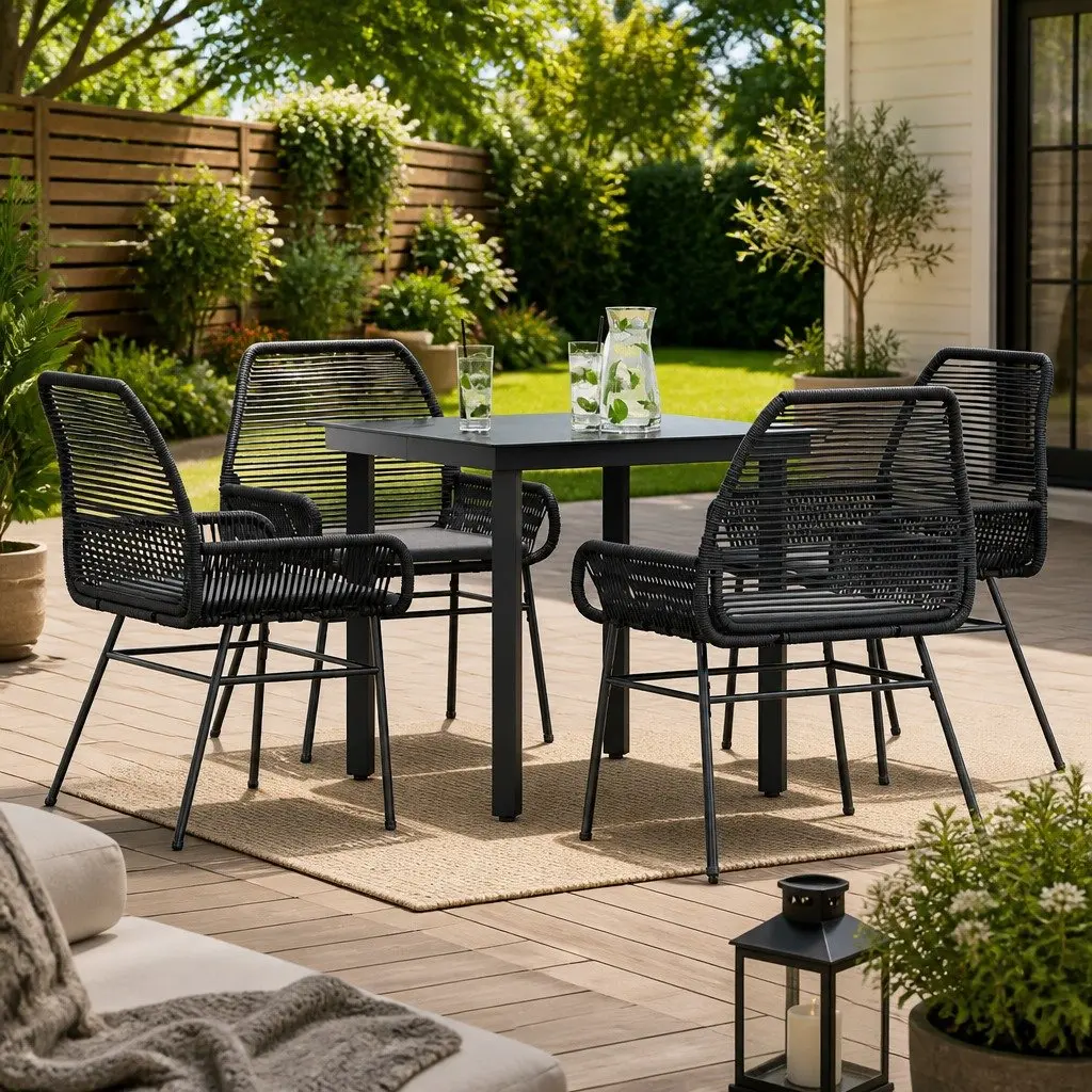 Garden Dining Set PE Rattan 5 Piece Outdoor Furniture Black Powder Coated Steel Tempered Glass