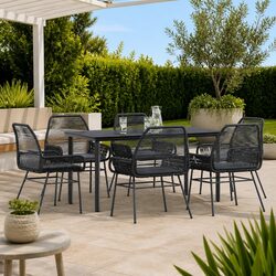 Durable 7 Piece Black Poly Rattan Garden Dining Set