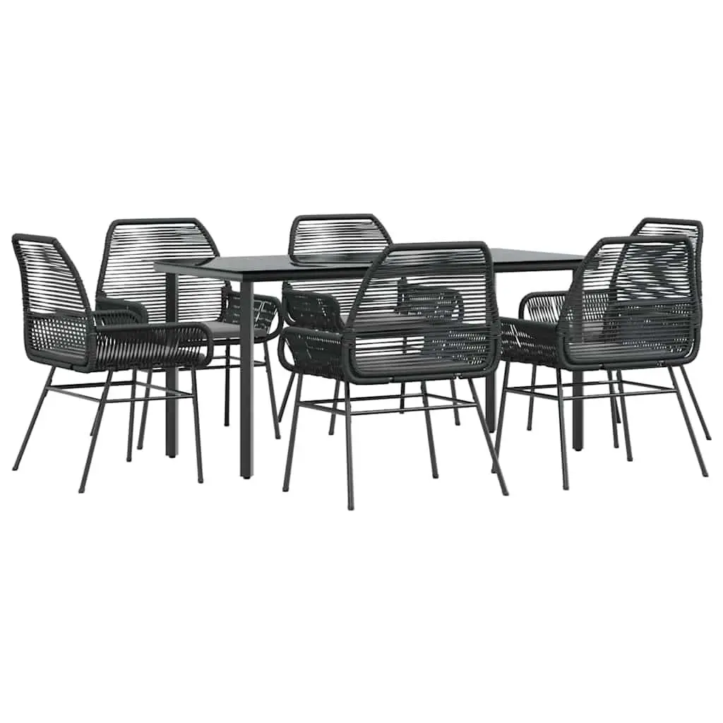 7 Piece Garden Dining Set PE Rattan Powder Coated Steel Tempered Glass Black Outdoor Furniture