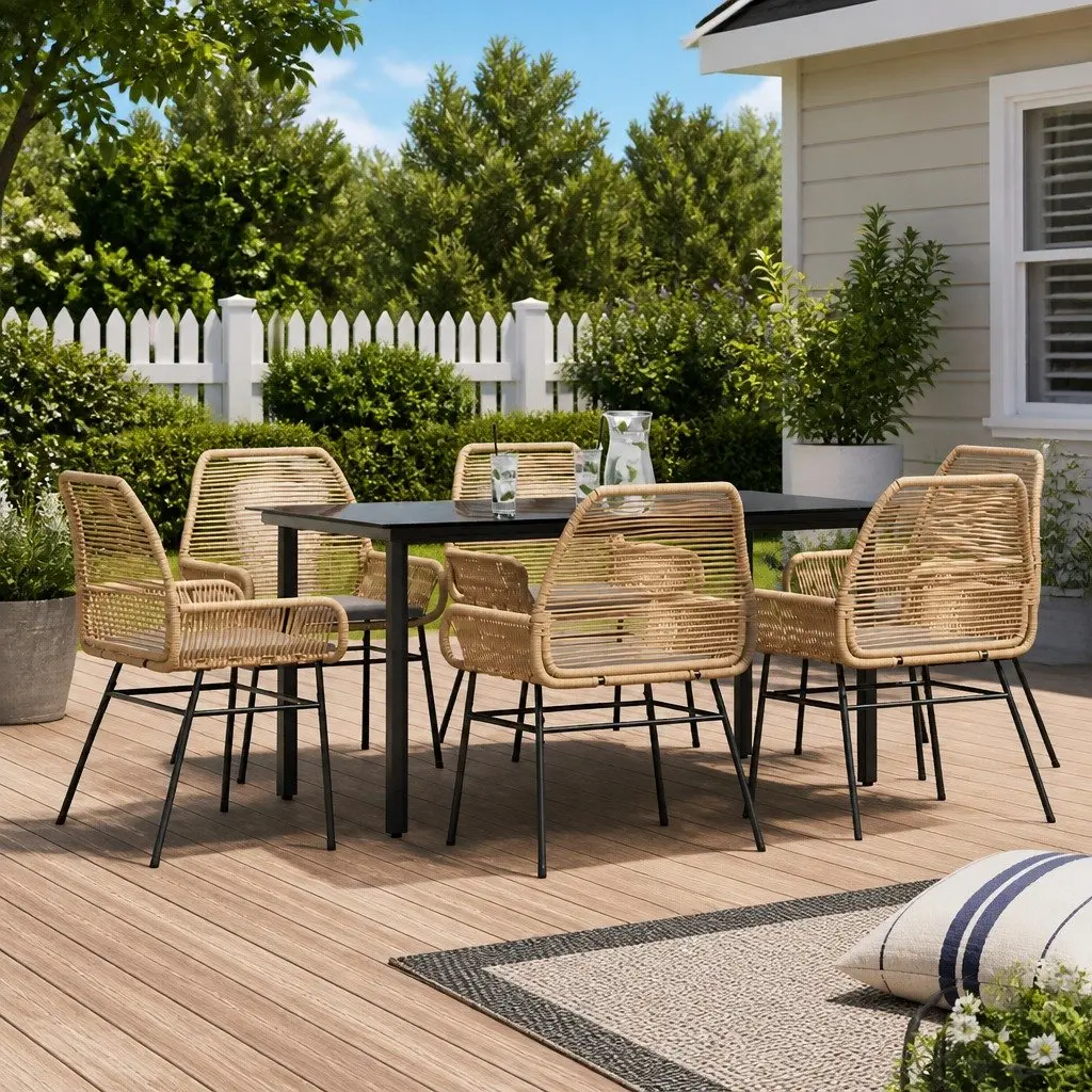 7 Piece Brown Garden Dining Set with Glass Top