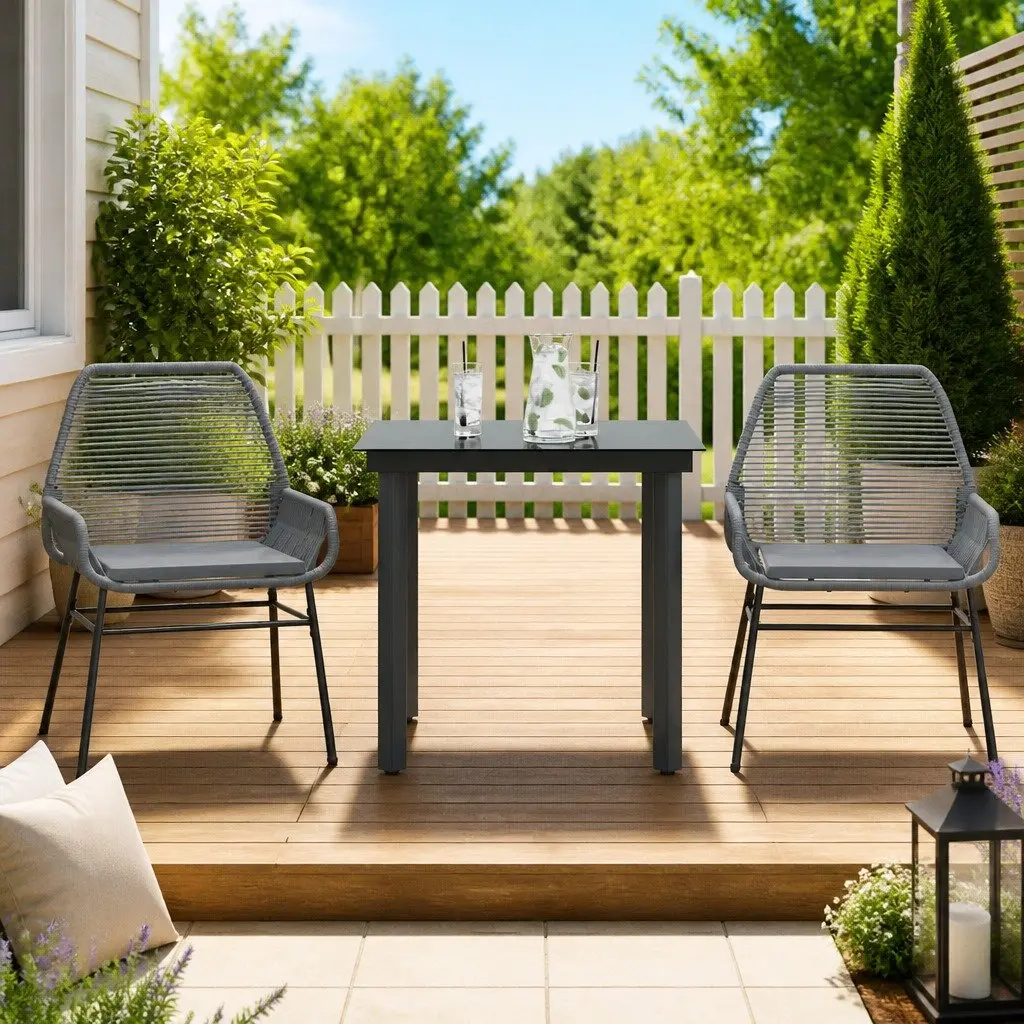 Garden Dining Set PE Rattan 3 Piece Grey Outdoor Furniture Steel Frame Glass Table