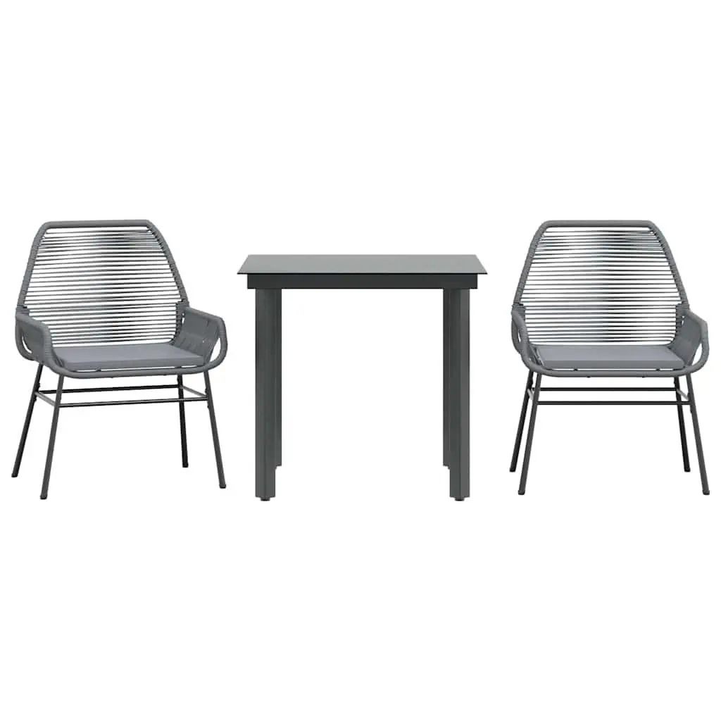 Garden Dining Set PE Rattan 3 Piece Grey Outdoor Furniture Steel Frame Glass Table