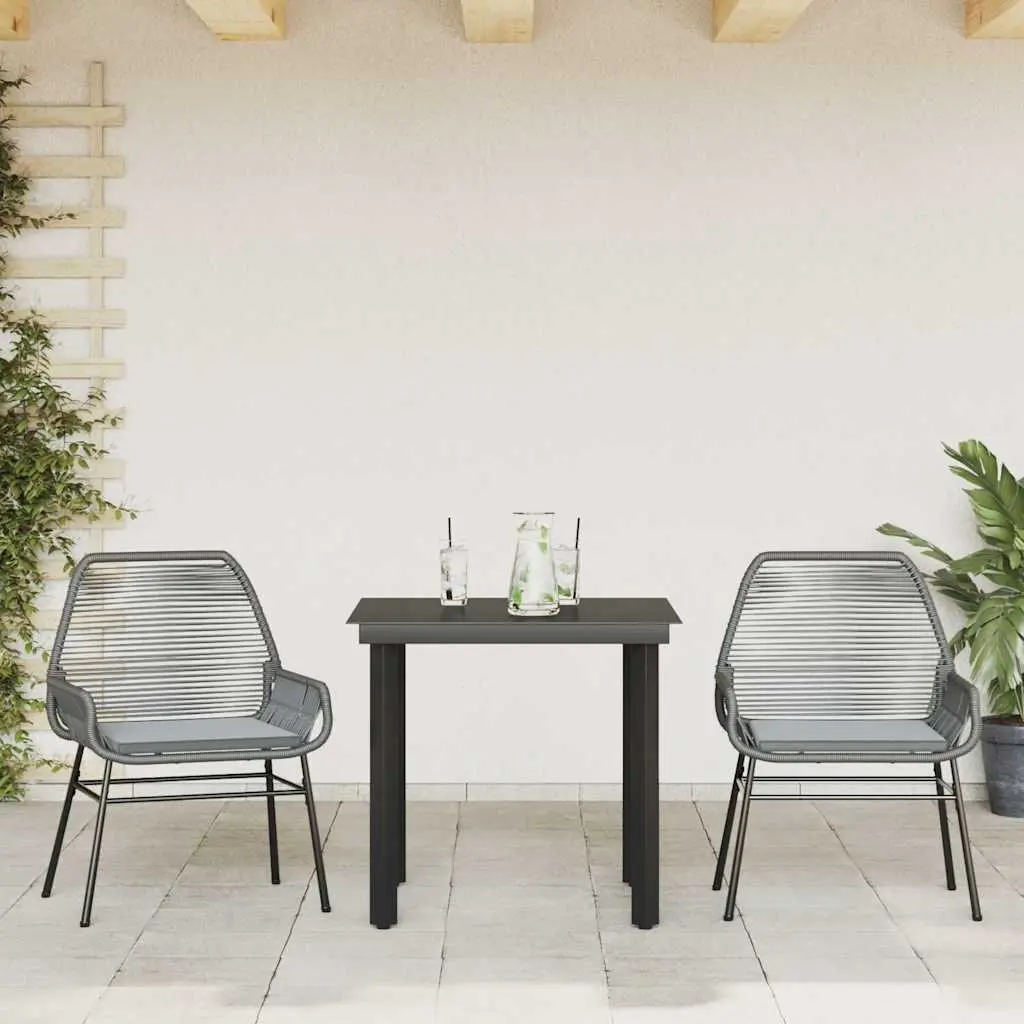 Garden Dining Set PE Rattan 3 Piece Grey Outdoor Furniture Steel Frame Glass Table