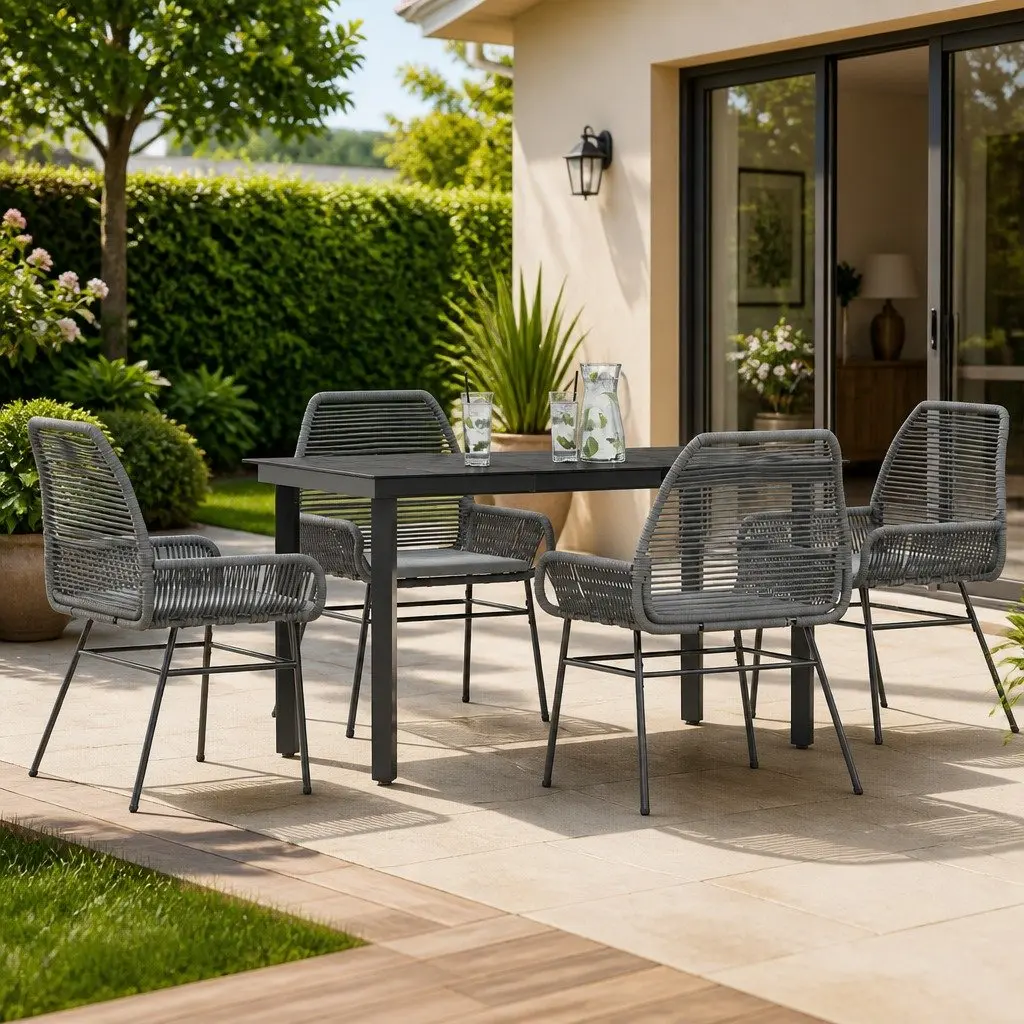 5 Piece Grey Garden Dining Set with Cushions and Glass Table