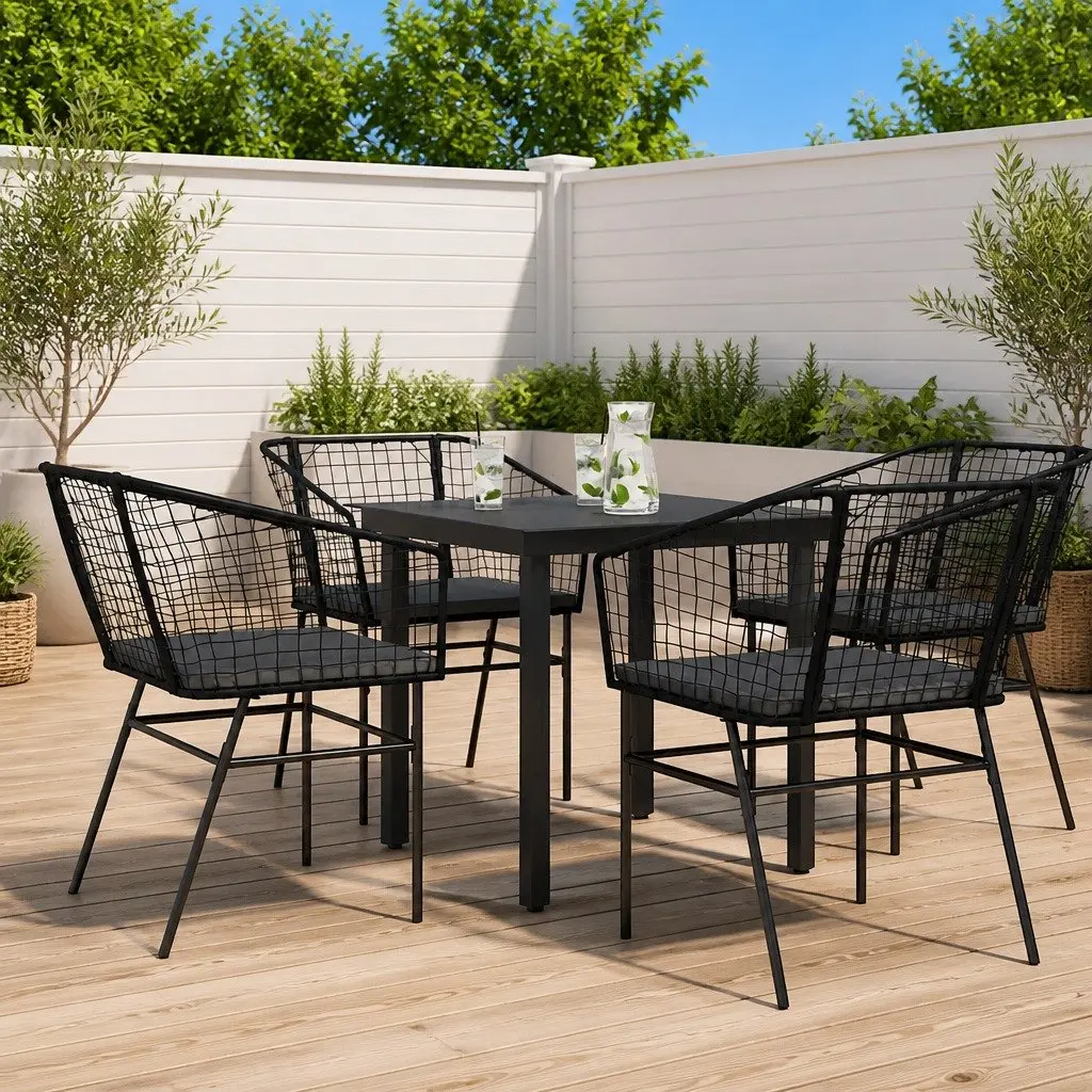 Garden Dining Set PE Rattan 5 Piece Outdoor Furniture Black Glass Table Chairs