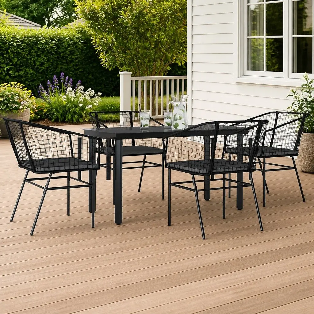 Garden Dining Set PE Rattan 5 Piece Outdoor Furniture Black Powder Coated Steel Glass Table Chairs