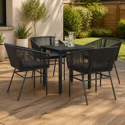 5 Piece Black Poly Rattan Garden Dining Set with Glass Table