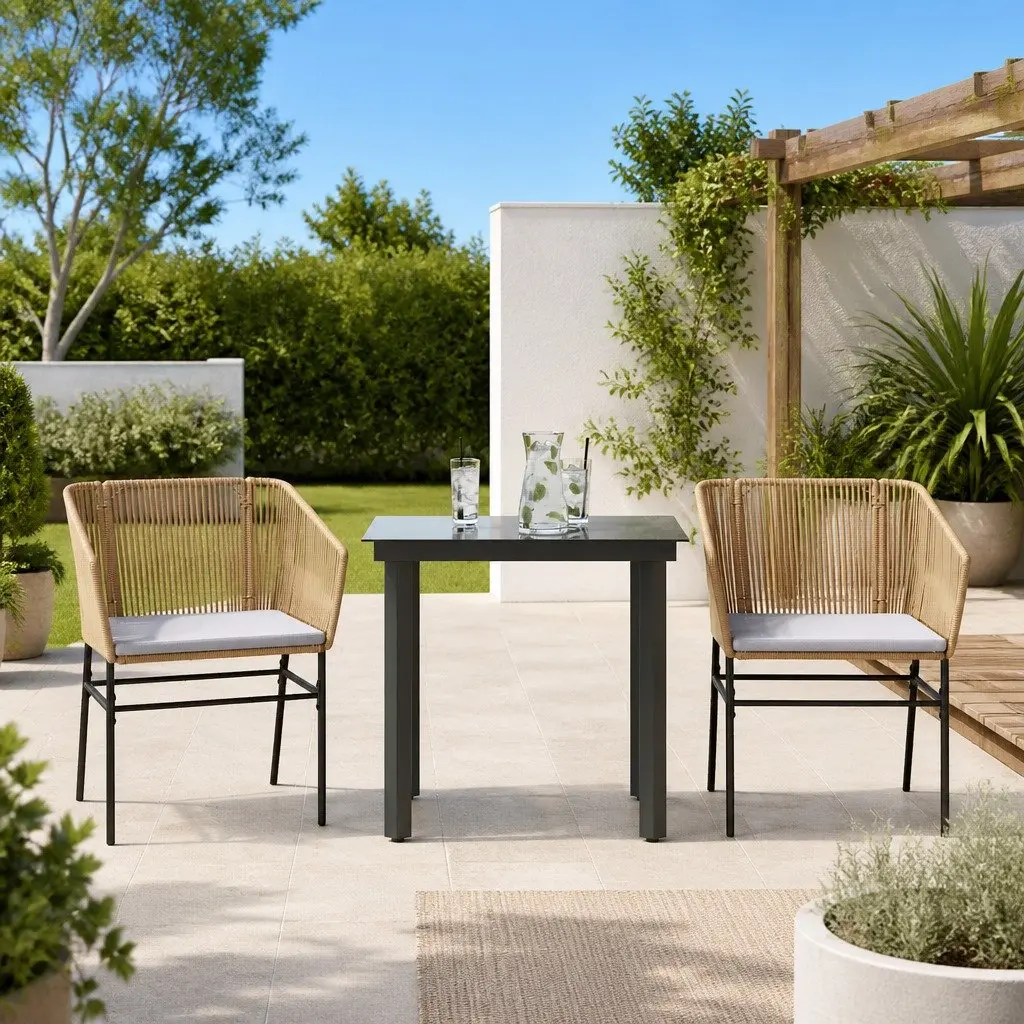 3-Piece Brown Poly Rattan Garden Dining Set