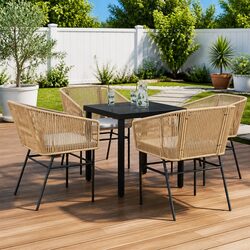 5-Piece Brown Poly Rattan Garden Dining Set with Glass Table