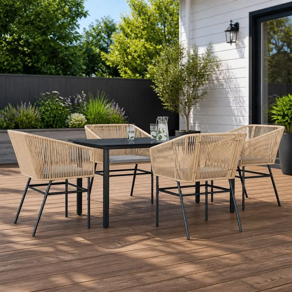 Garden Dining Set Poly Rattan 5 Piece Brown Outdoor Furniture with Cushions