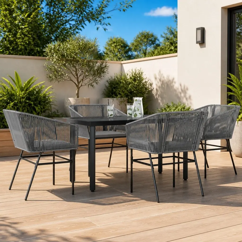 Garden Dining Set 5 Piece Poly Rattan Grey Outdoor Furniture Table Chairs
