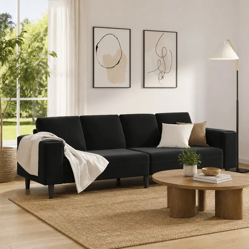 Black Polyester Upholstered Couch for Living Rooms