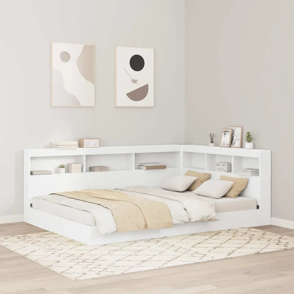 White Modern Storage Headboard with Shelves 160cm