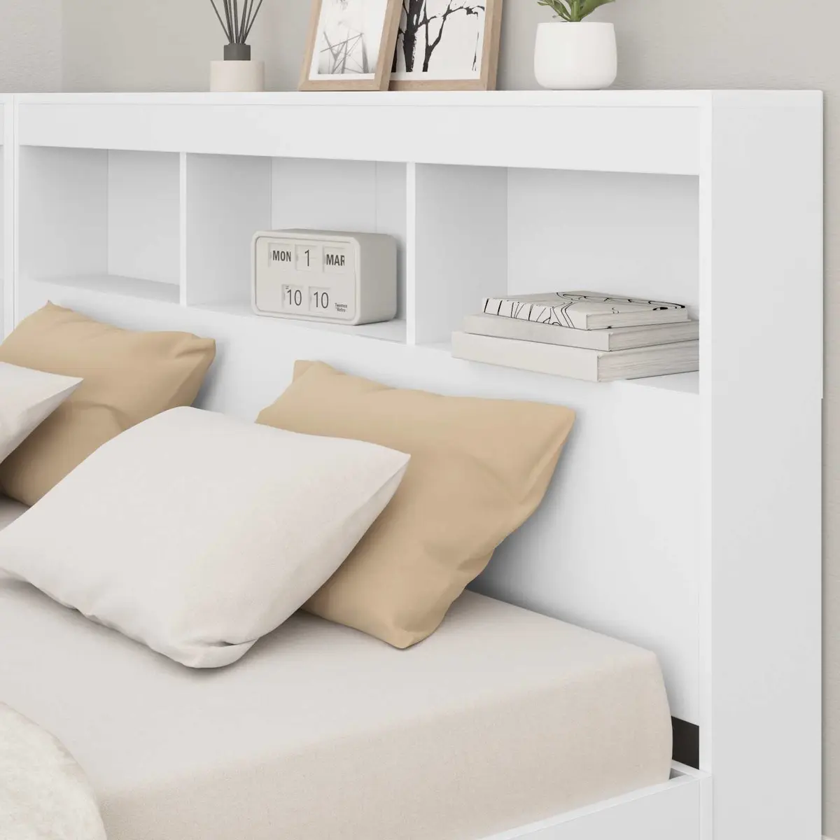 White Modern Storage Headboard with Shelves 160cm