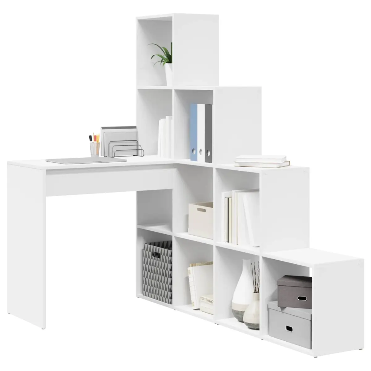 White Corner Desk with Ample Storage Shelves