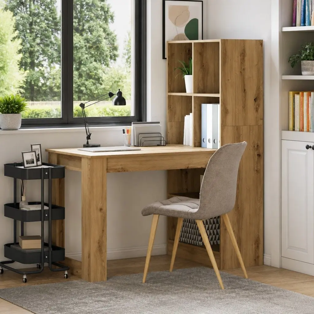 Brown Engineered Wood Writing Desk with Storage Shelves