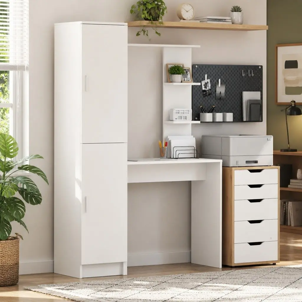Desk Engineered Wood 2 Piece White Shelves and Doors Office Workspace Storage