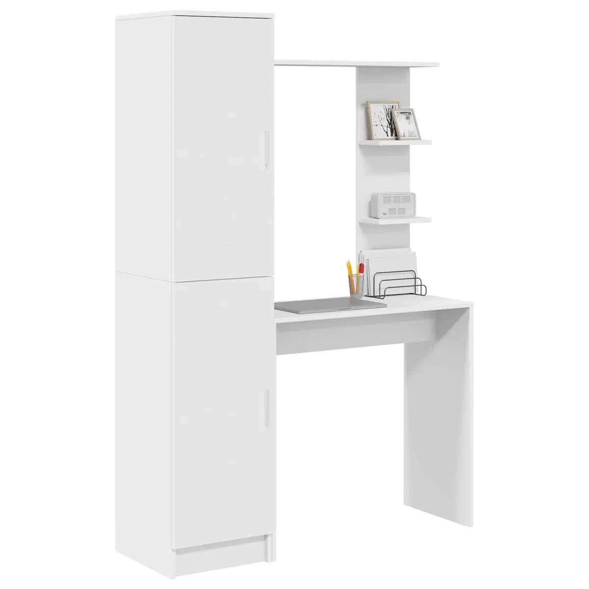 Desk Engineered Wood 2 Piece White Shelves and Doors Office Workspace Storage