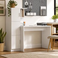 Modern White Desk with Storage Cabinet and Shelves