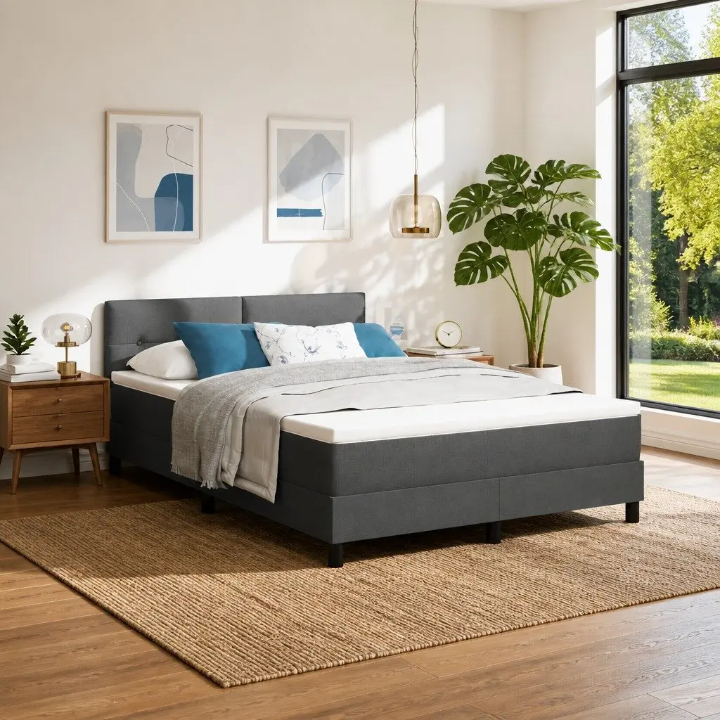 Dark Grey and White Box Spring Bed with Adjustable Headboard