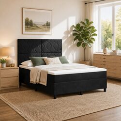 Box Spring Bed with Adjustable Headboard Black White 137 x 187 cm Medium-Firm
