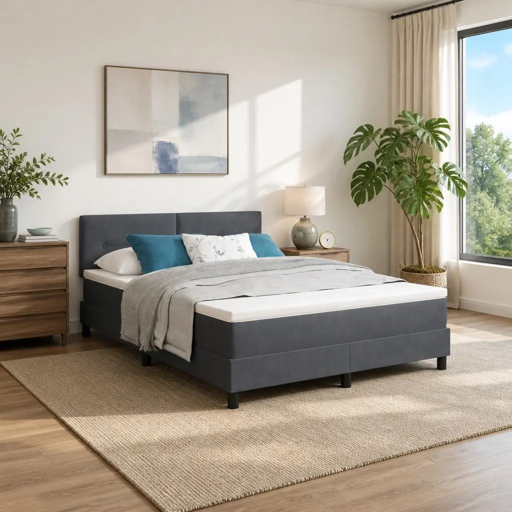 Dark Grey and White Box Spring Bed with Adjustable Headboard