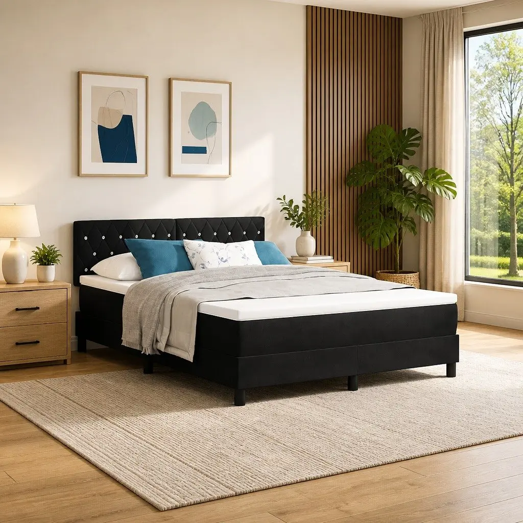 Box Spring Bed with Adjustable Headboard & LED