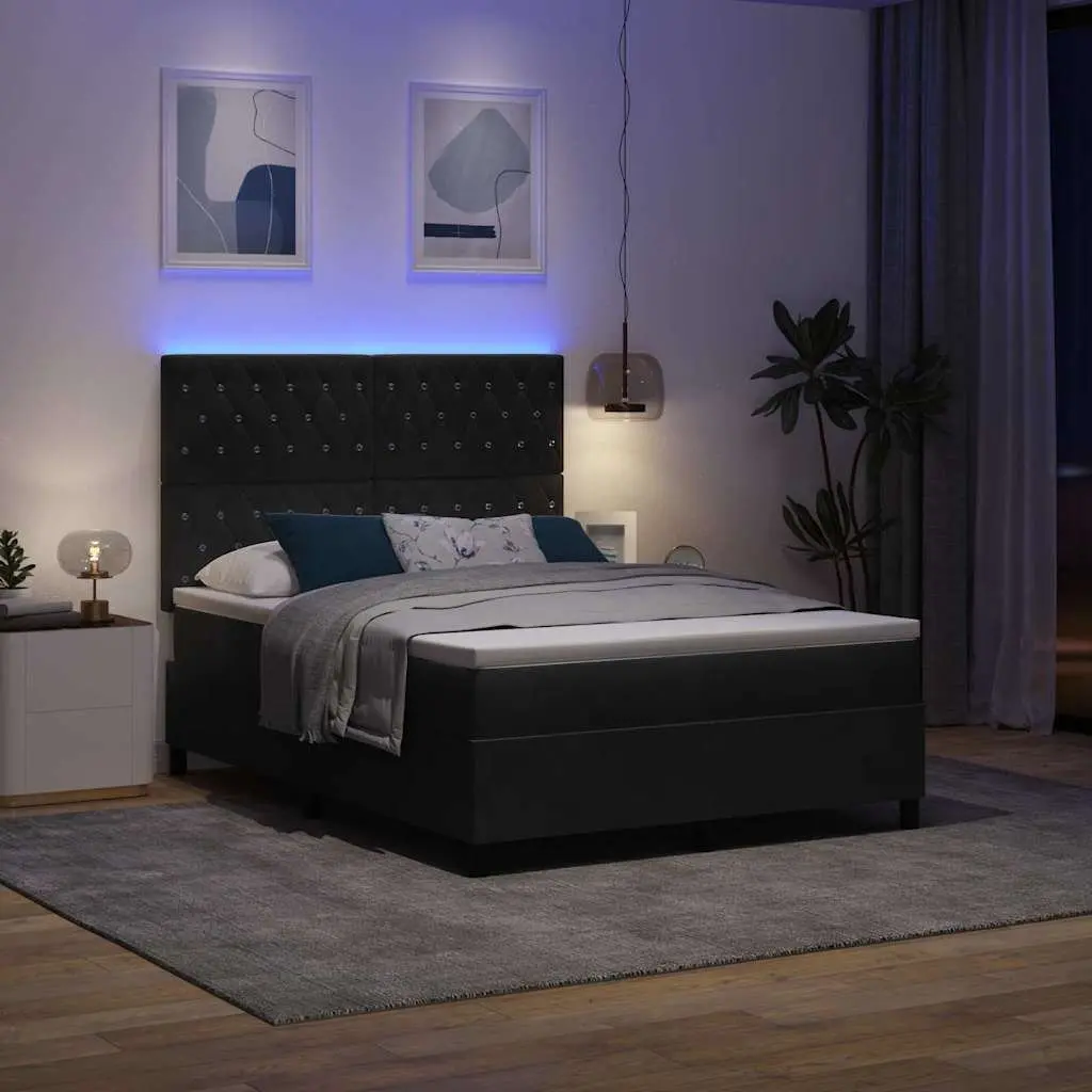 Black Velvet Box Spring Bed with Adjustable Headboard