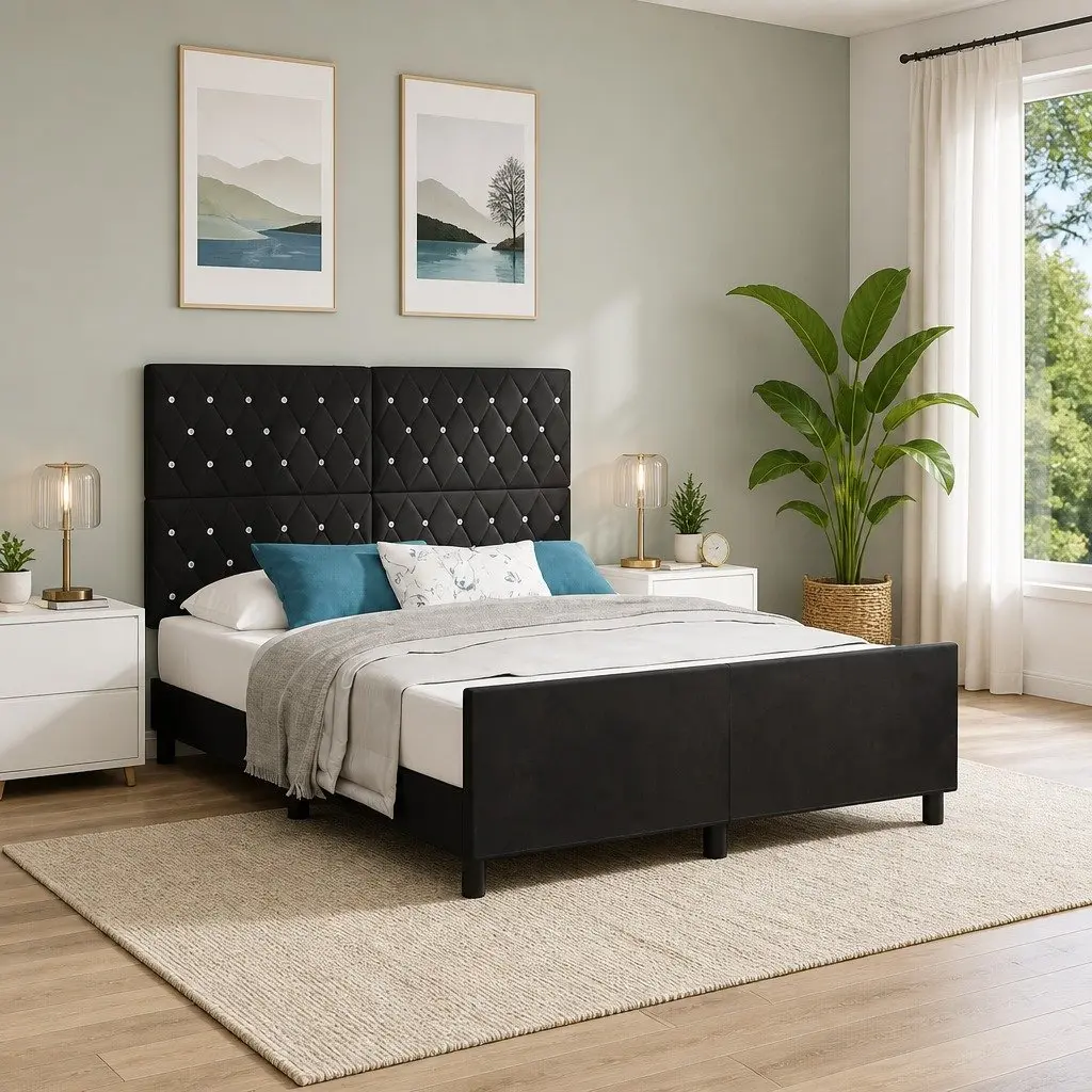 Black Bed Frame with Adjustable Headboard 152 x 203 cm