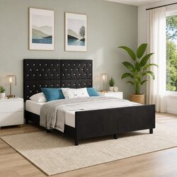 Sturdy Black Bed Frame with Adjustable Headboard 152 x 203 cm