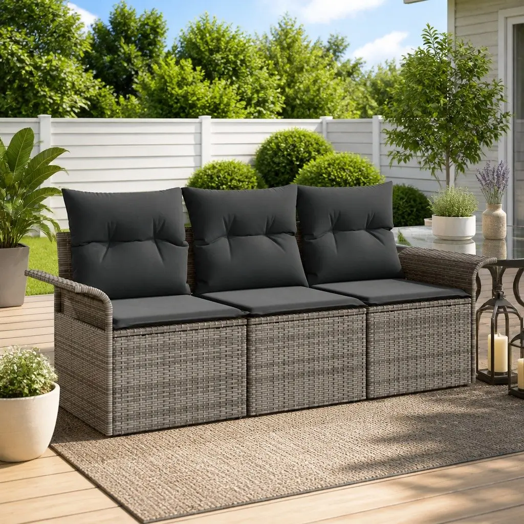 3-Piece Grey Poly Rattan Outdoor Sofa Set