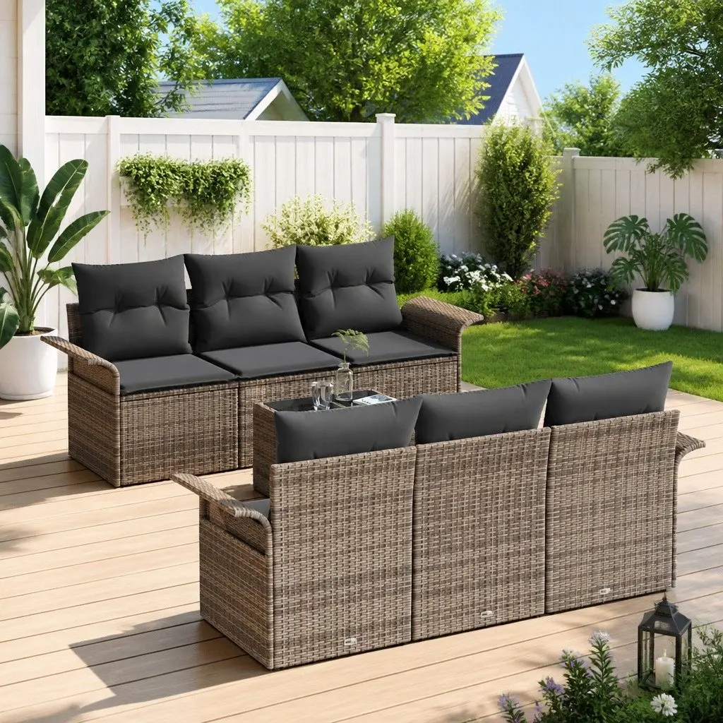 7-Piece Grey Poly Rattan Garden Sofa Set for Outdoor Use