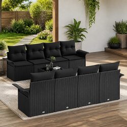 9-Piece Black Poly Rattan Garden Sofa Set with Cushions