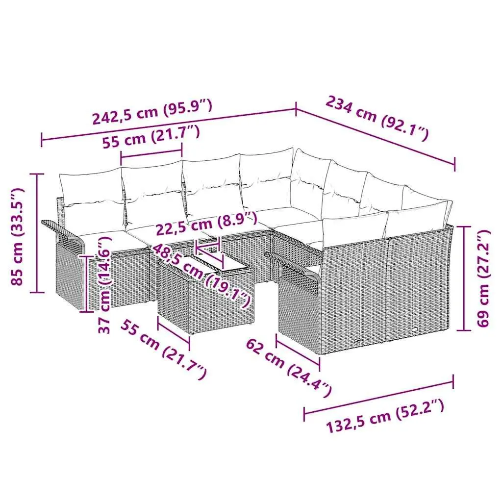 9-Piece Grey Modular Outdoor Sofa Set