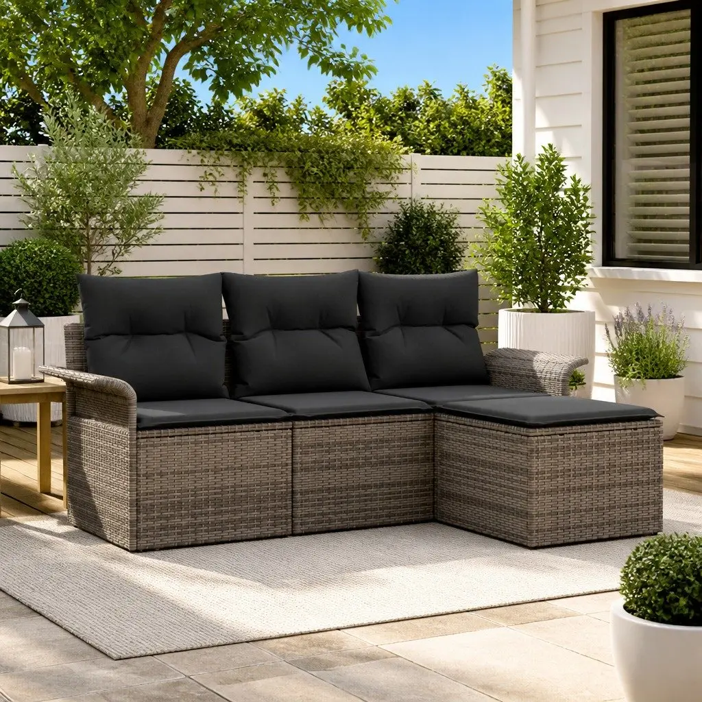 Outdoor Sofa Set 4 Pieces Grey Poly Rattan Garden Patio Furniture with Cushions
