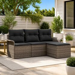 Grey Poly Rattan Outdoor Sofa Set with Cushions - 4 Pieces