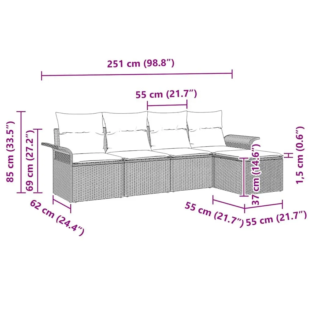 5-Piece Grey Poly Rattan Outdoor Sofa Set