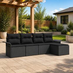 5-Piece Black Poly Rattan Outdoor Sofa Set with Cushions