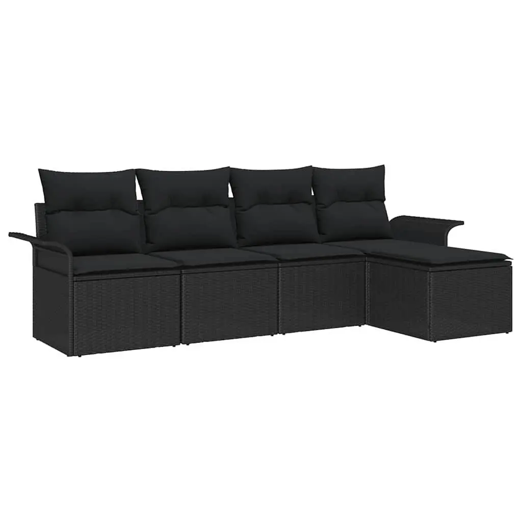 5-Piece Black Poly Rattan Outdoor Sofa Set with Cushions