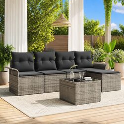 6-Piece Grey Poly Rattan Outdoor Sofa Set with Cushions