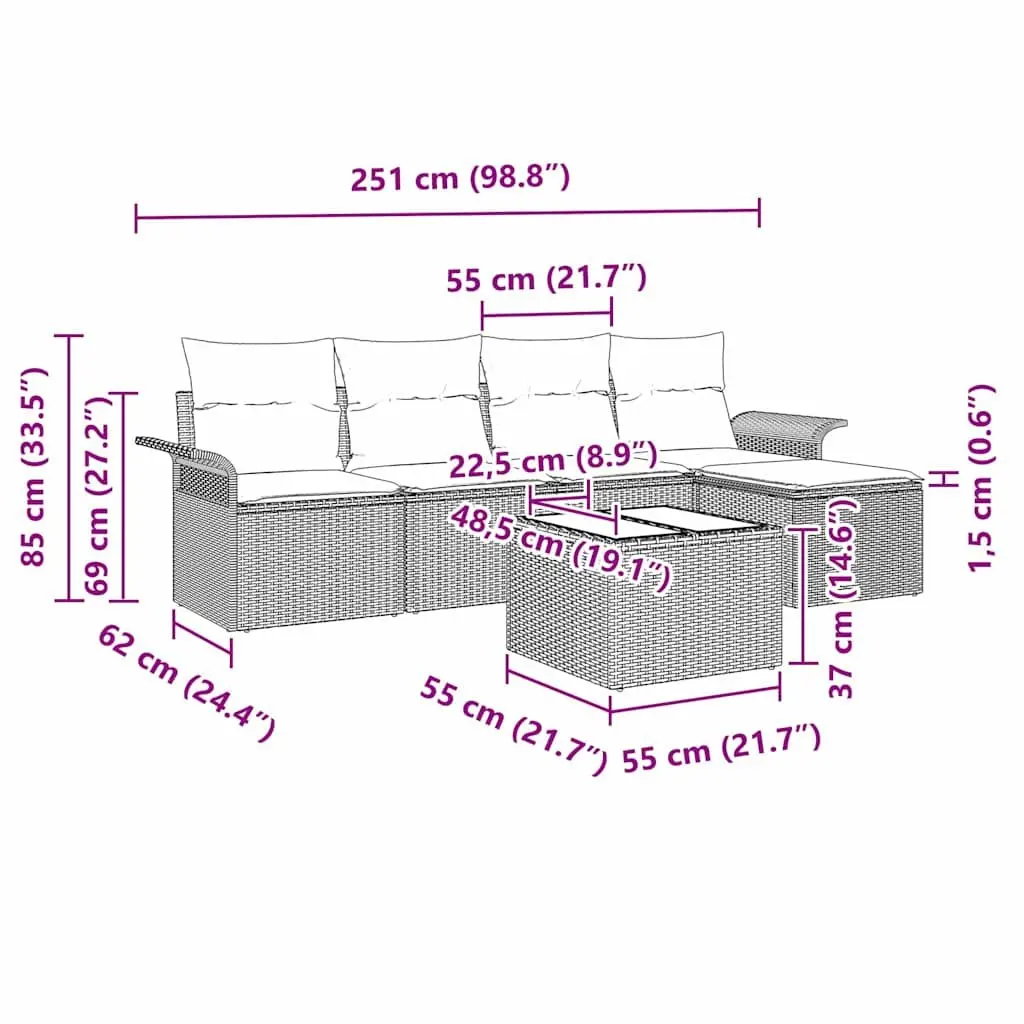 Outdoor Sofa Set Poly Rattan 6 Pieces Grey Garden Furniture with Cushions