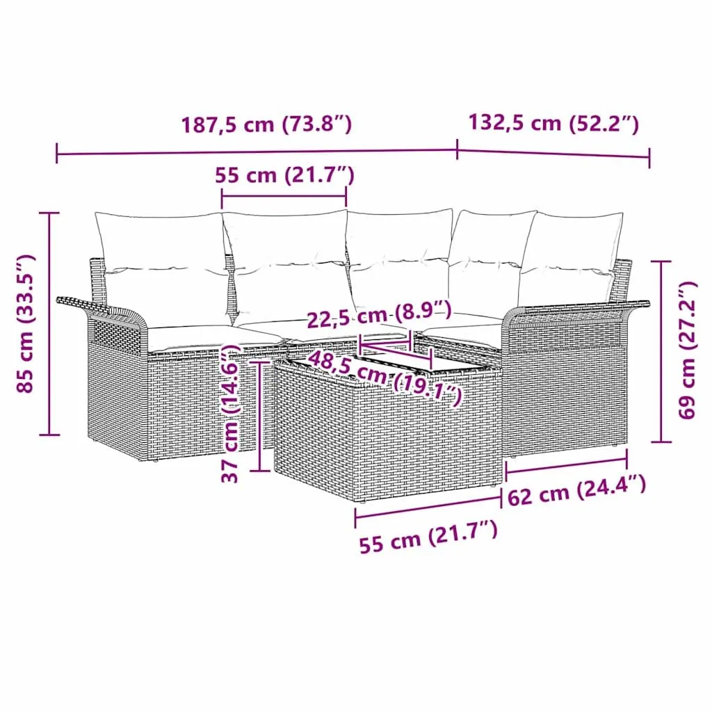 5 Piece Modular Grey Poly Rattan Garden Sofa Set