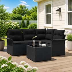 5-Piece Outdoor Garden Sofa Set with Glass Top in Black
