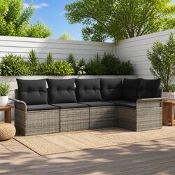 Grey Poly Rattan 5-Piece Outdoor Sofa Set with Cushions