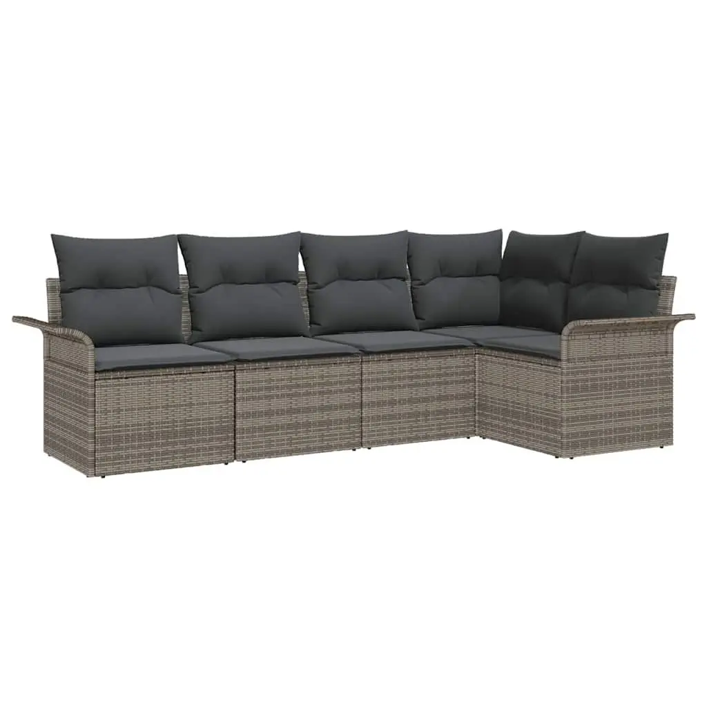 Grey Poly Rattan 5-Piece Outdoor Sofa Set with Cushions
