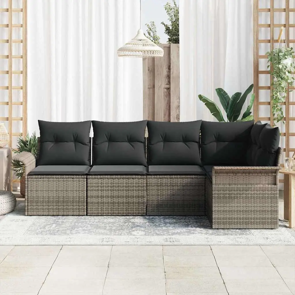 Grey Poly Rattan 5-Piece Outdoor Sofa Set with Cushions