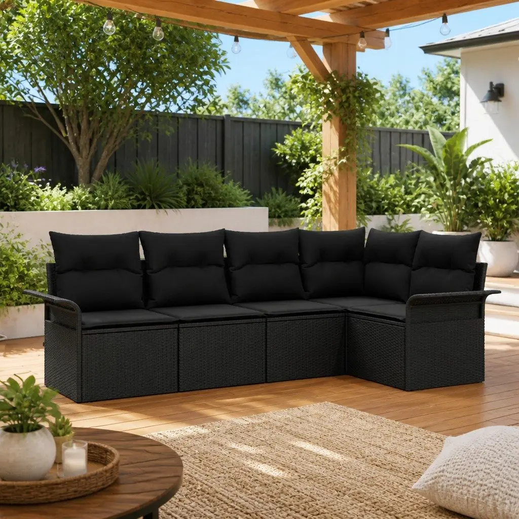Black Poly Rattan Garden Sofa Set 5 Pieces with Cushions