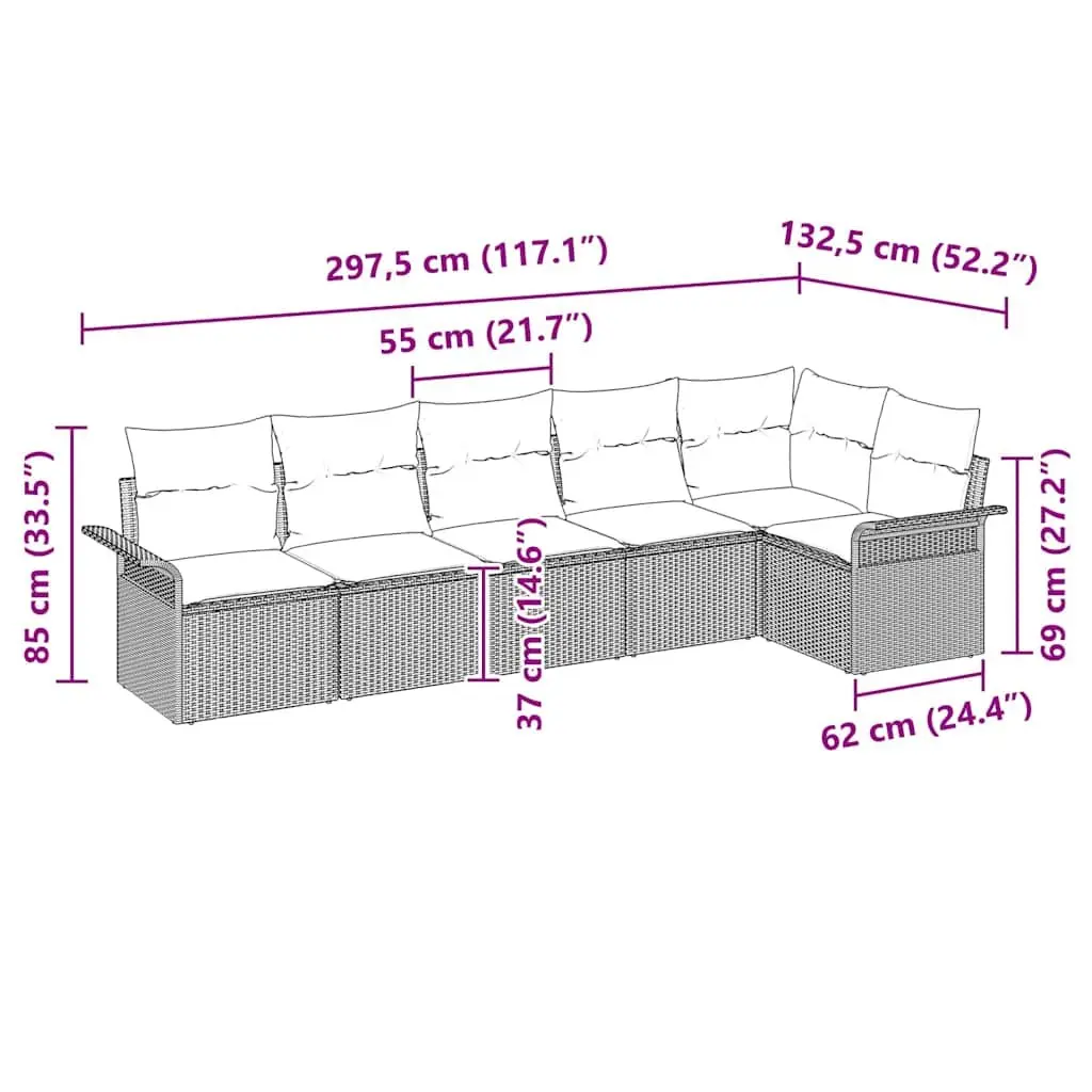 6-Piece Grey Poly Rattan Garden Sofa Set