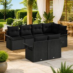 7 Piece Black Poly Rattan Outdoor Sofa Set with Cushions