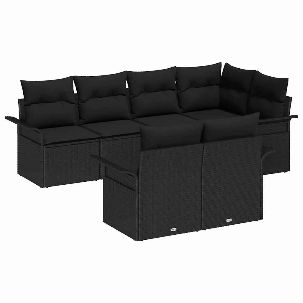 7 Piece Black Poly Rattan Outdoor Sofa Set with Cushions